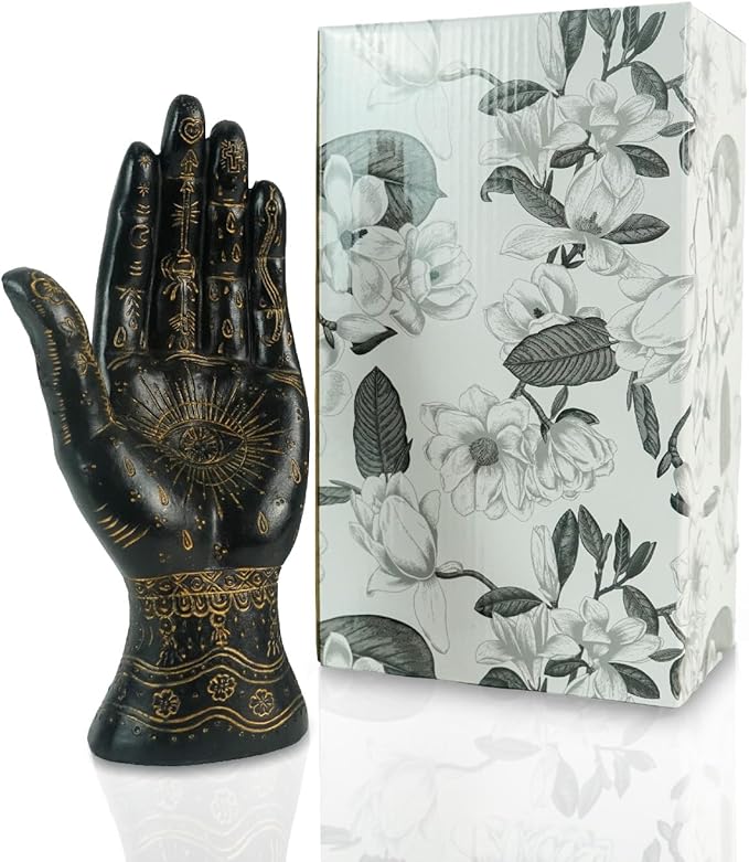 Palmistry Hand Resin Statue Telling Palm Reading, Ancient Mystical Palm with Lines and Symbols Sculpture for Palm Readers（Black）