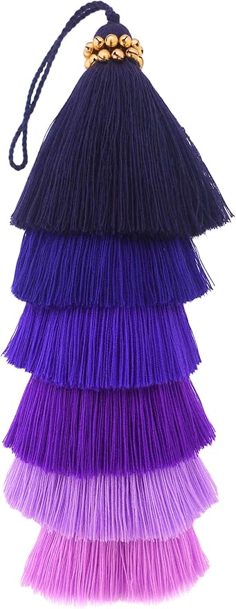 Multi-Colored Layered Large Cotton Tassel with Hanging Loop for Furniture Décor, Home or Handbag Accessory (Blue)
