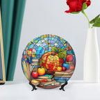 Decorative Plates for Wall Hanging, Back to School Stained Glass Painting Ceramic Plate w/ Display Stand, Home Decor for Kitchen Cabinets, Farmhouse Round Tray 7 Inch, Gift for Teacher Or Student