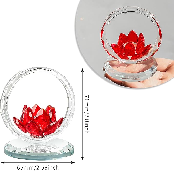 LONGWIN Crystal Lotus Flower Basket Figurine Collectible Glass Flowers Art Decor Reflection Feng Shui Decorative Ornaments for Living Room Bedroom Office Red