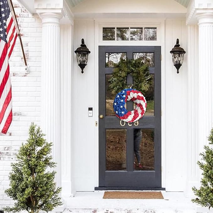 14 Inch Patriotic Roses Handcrafted Wreath, Artificial 4th of July Soft Touch Silk Roses and Metal Stars Wreath for Front Door, Memorial Day for Indoor and Outdoor