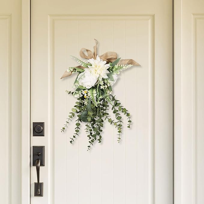 Qianly Artificial Floral Swag Garland Outdoor Indoor, Decorative, Flower Teardrop Wreath, Hanging for Office Holidays Festivals Wall, White