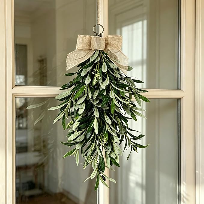 22" Artificial Olive Branch Swag, 1-Pack Realistic Greenery Swag with Olive Fruit/Green Leaves/Artificial Flowers, Seasonal Olive Branch Wreath for Front Door, Indoor & Outdoor Decor