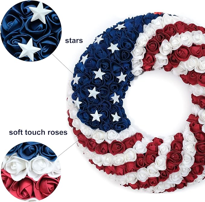 18Inch Patriotic Roses Wreath, 4th of July Summer Soft Touch Foam Roses Wreath for The Front Door, Handcrafted Memorial Day Artificial Flowers for Indoor and Outdoor