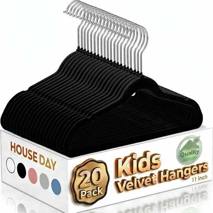 HOUSE DAY 11 Inch Black Velvet Baby Hangers 20 Pack, Premium Kids Hangers for Children, Infant & Toddler Clothes, Durable Non Slip Baby Felt Hanger for Closet, Ideal for Everyday Use