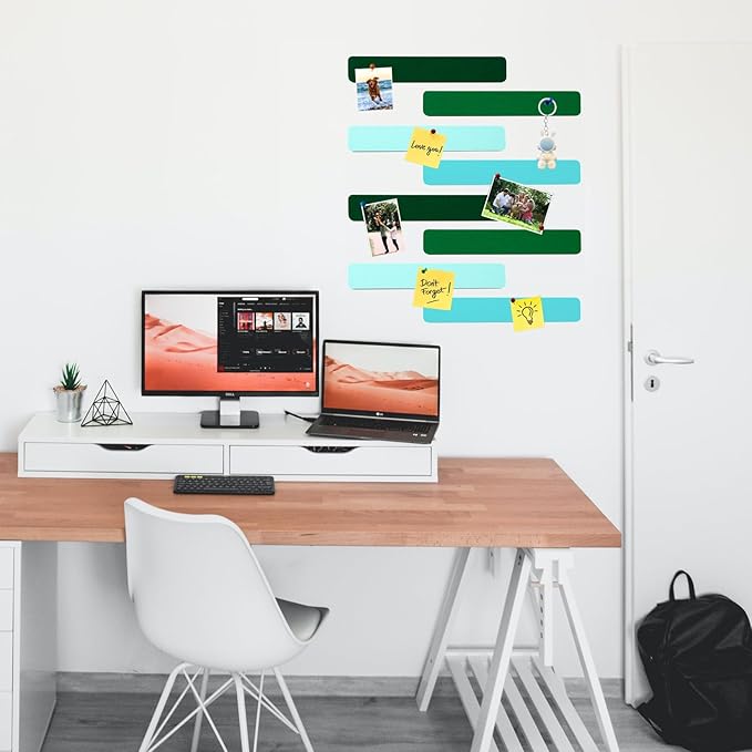 8Pcs Rectangle Felt Cork Board Bar Strips with 35 Pushpins, Self-Adhesive Bulletin Board Strips for Office School Home Wall Decor Stickers Memos Schedules Photos Display -Gradual Green