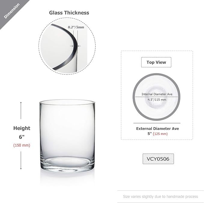 WGV Cylinder Vase Bulk, Diameter 5", Height 6", Clear Glass Floral Planter Container, Floating Candle Holder for Wedding Party Event Home Office Decor, 6 Pieces