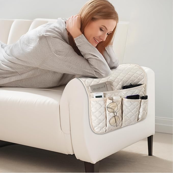 Velvet Armchair Caddy for Couch Remote Control Holder Non-slip Sofa Armset Organizer Caddy Storage for Recliner Couch 5 Pocket for Magazine 35"x13" Ivory 1 Piece