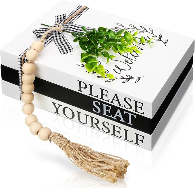 Capoda 3 Pcs Decorative Books for Home Decor Farmhouse Faux Stacked Books Wooden Rustic Table Decor with Bead Garland Twine Ribbon Faux Leaf for Table(Welcome)