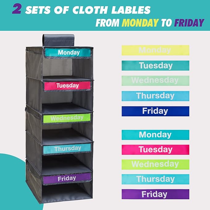 5-Shelf Weekly Clothes Organizer for Kids, Kids Daily Shelf Hanging Closet Organizer with 6 Side Pockets, Days of The Week Hanging Storage Shelves, Grey