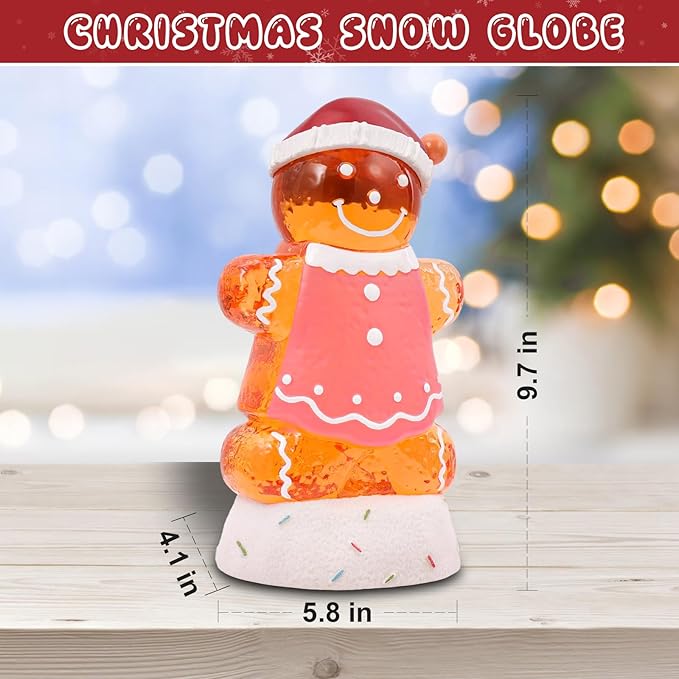 Gingerbread Christmas Snow Globe Lantern with 8 Music Songs & 6H Timer Water Snow Globe Lantern USB & Battery Operated for Christmas Festival Decorations Gifts (Pink Gingerbread)