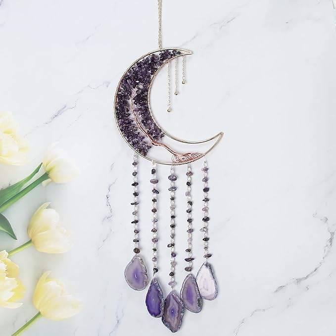 Crystal Dream Catcher with Moon Suncatcher, Boho Bedroom Decor for Women Girls, Handmade Hanging Wall Decor Gift Decor for Bedroom Living Room Garden