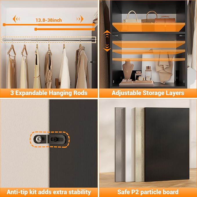 Homieasy 96 Inches Closet Organizer System, 8FT Customizable Walk In Closet Organizer with Hanging Rods, 3 Drawers Garment Rack with Leather Handle , 96" L x 16" W x 75" H, Max Load 1000 LBS, Black