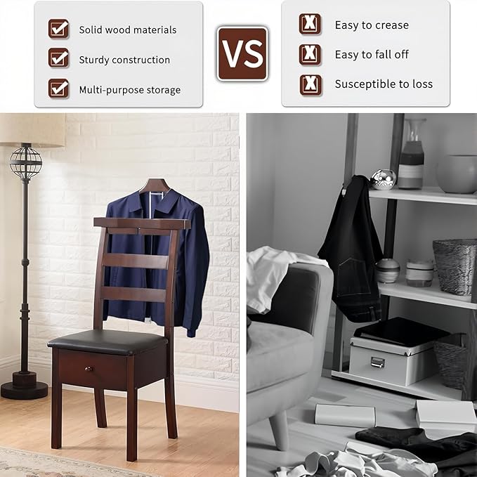 Wood Chair Valet Stand, With Hanger Trouser Bar, Top Storage Tray Wardrobe, With Large Drawer Clothing Rack, Men Women Floor Standing Suit Valet for Living Room, Entryway, Bedroom, Office