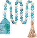 Meplait Wood Bead Garland, Coastal Tassel Garland with Seahorse Tag Beach Farmhouse Decor for Tiered Tray Table Centerpiece Wall Home Decoration
