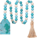 Meplait Wood Bead Garland, Coastal Tassel Garland with Seahorse Tag Beach Farmhouse Decor for Tiered Tray Table Centerpiece Wall Home Decoration