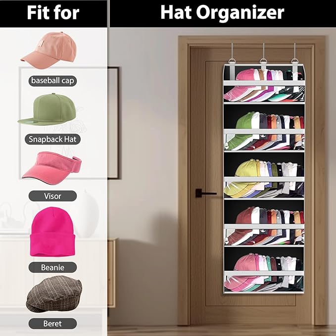 Over the Door Hat Organizer for Baseball Caps, Hold up to 60 Hats Rack Storage for Door/Closet/Wall, Clear Pockets Hanging Hat Holder for Baseball Caps with 10 Mesh Pockets, Grey