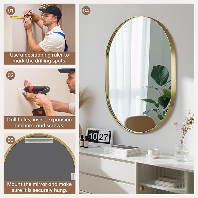 Gold Oval Mirror, 24"x32" Oval Bathroom Mirror, Brushed Gold Mirror with Aluminium Alloy Frame, Anti-Rust, Tempered Glass