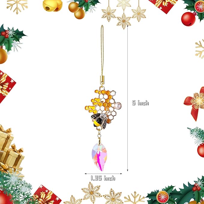 5Pcs Hanging Ornaments, Mini Crystal Prism Gold Metal Bee Xmas Tree Decorations, Crystal Suncatchers Hanging Ornament for Wedding Party Home Decor