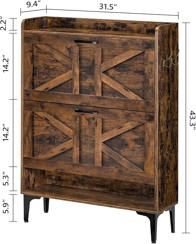 Shoe Storage Cabinet, Shoe Organizer with 2 Flip Drawers, Hidden Shoe Storage for Entryway, Freestanding Organizer with Open Storages, Rustic Brown SHHR9401N1