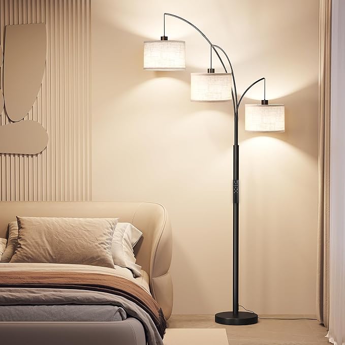SUNMORY 3 Lights Floor Lamp with Remote Control and 3 Stepless Dimmable Bulbs, 78" Tall Standing Lamp with Hanging Drum Shade & Heavy Base, Modern Arc Floor Lamps for Living Room, Bedroom, Office