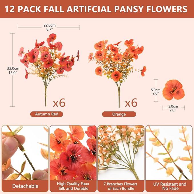 INQCMY Artificial Fall Flowers for Outdoor, 12 Bundles Faux Pansy Fake Mums Flowers Plants Outdoor Fall Decor, UV Resistant No Fade Silk Flower for Porch Planter Patio Yard Garden(Orange Autumn Red)