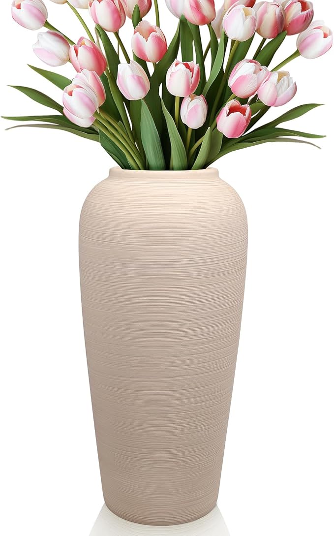 Tall Ceramic Vase 12 Inch Neutral Textured Vase,Cream Ceramic Vase for Home Decor,Farmhouse Tall Ceramic Flower Vase for Dining Table,Living Room,Kitchen,Bedroom,Entryway