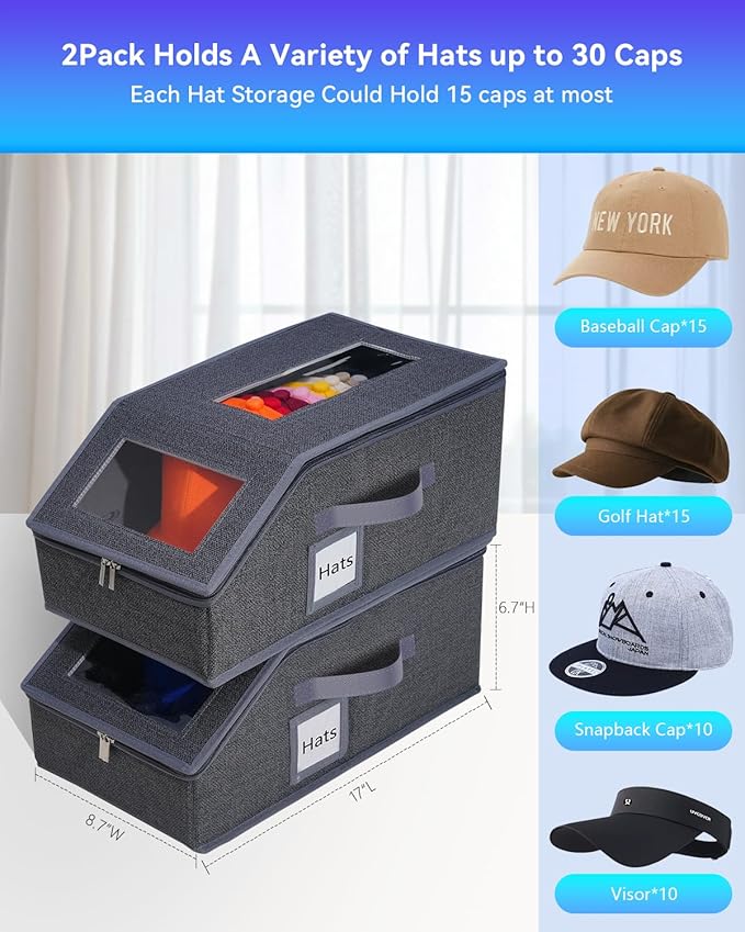 2PCS Stackable Hat Organizer for Baseball Caps, Hat Organizer Holds up to 30 Caps for Closet with Clear Window, Sturdy Frame Hat Storage for Men & Women, Space Saving (Drak Grey)
