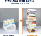 Shoe Boxes Cardboard, 12 Pack, Big Size, Waterproof, Heavy Duty, Stackable Shoe Storage Boxes, with Marking Labels, Transparent Window, 13.8" L x 9.3" W x 5.3" H