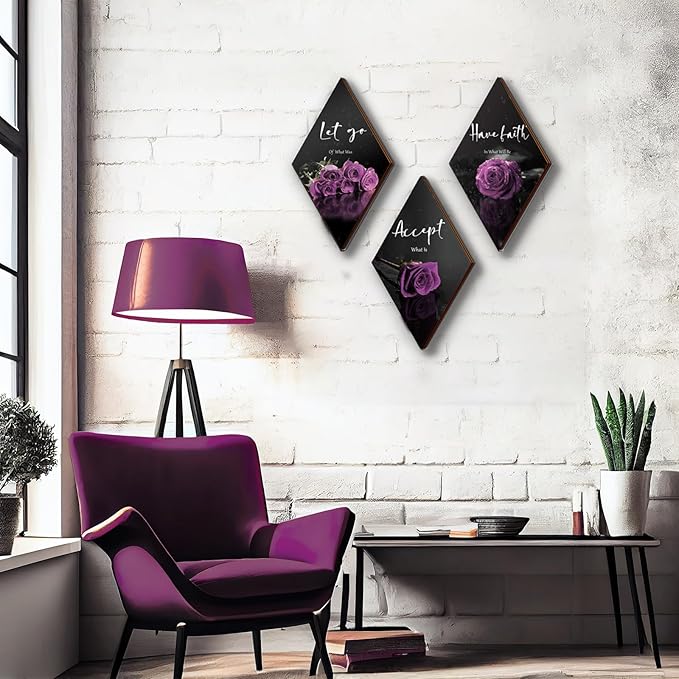 ZINYAZHE 3 Pcs Purple Wall Decor Inspirational Rose Bathroom Decor Wooden Purple Wall Art Office Wall Decor with Accept Let Go Have Faith Sign for Girl Women Living Room Bedroom(12 x 7 Inch)