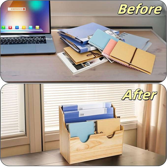 Wood Magazine Holder, 4 Tiers Wall Mounted Desktop Magazine File Divided Organizer, Mail Paper Sorter Newspaper Storage Bin Basket for Office, Home