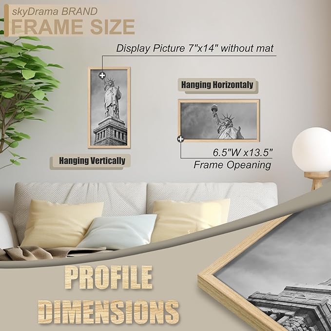 Natural Solid Wood 7x14 Picture Frame, Display 7 x 14 Inch Picture Poster Photo, Vertical & Horizontal Wall Hanging - 2 Pack/Natural/7"x14"