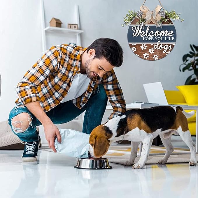 FWIEXA Funny 3D Welcome Hope You Like Dog Door Sign Plaque (12"x12"), Welcome Wreath Front Door Hanger with Dogs Footprints Bones, Cute Dog Lovers Gift