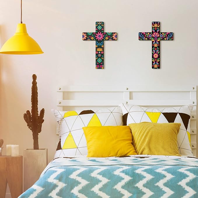 Pinkunn 2 Pcs Mexican Floral Cross Wall Decor Mexican Wall Art Hand Painted Decorative Inspirational Wooden Floral Cross Spanish Crucifix Decor for Home Room Church Decoration