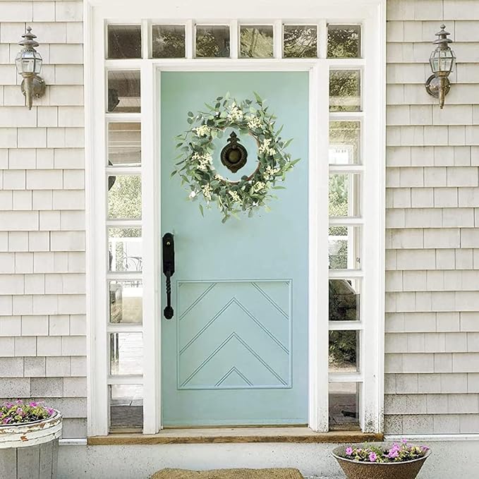 20 Inch Summer Wreaths for Front Door, Artificial Daisy Wildflower Lavender Front Door Wreath Spring,Green Eucalyptus Wreath for Window Wall Farmhouse Home Decor Porch Outdoor