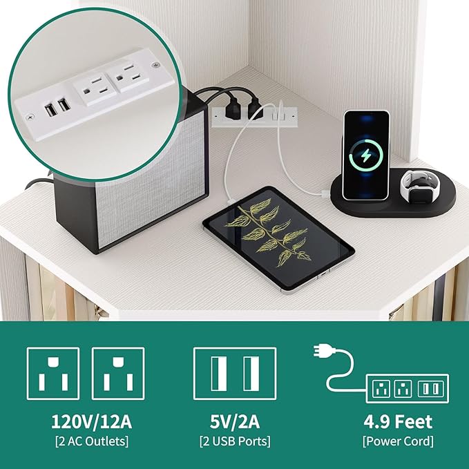 YITAHOME Corner Shelf with USB Ports & Outlets, Modern Corner Storage Cabinet Rack Charging Station, Wooden Display Bookshelf Bookcase for Living Room, Bedroom, Dining Room, Kitchen, White