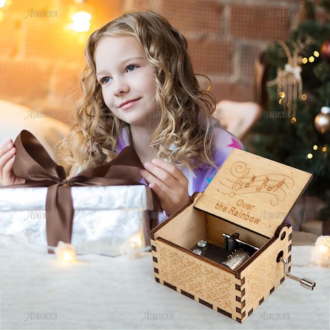 AUEAR, Over The Rainbow Wooden Music Box Hand Crank Laser Engraved Vintage Musical Small Unique Gift for Birthday Wedding Christmas Valentines Day (Style D)