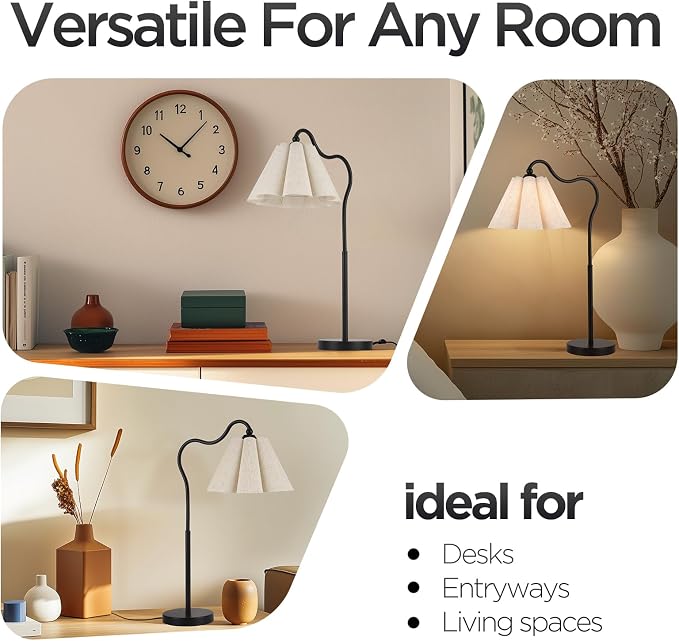 Table Lamp with Beige Pleated Linen Shade, Curved Black Metal Base, E26 Socket – 23" Tall Modern Bedside Desk Lamp for Bedroom, Living Room, Office – Bulb Not Included