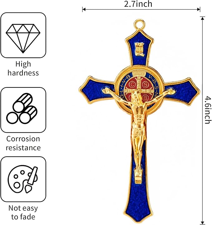 St Benedict Crucifix Blue,Crucifix Wall Cross for Catholic Decor,Medalla De San Benito,Jesus Christ Hanging Cross Wall Decor,Crucifijo Del Perdon,Saint Benedict Medal Prayer for Home Decoration