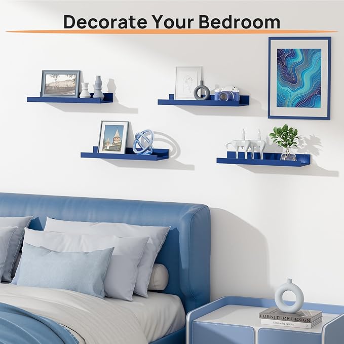 upsimples Floating Shelves for Wall, Wall Shelves for Decor Storage Set of 6, Wall Mounted Wood Shelf for Bedroom, Living Room, Bathroom, Kitchen, 15.7 inch Long Picture Ledge Shelf, Navy Blue