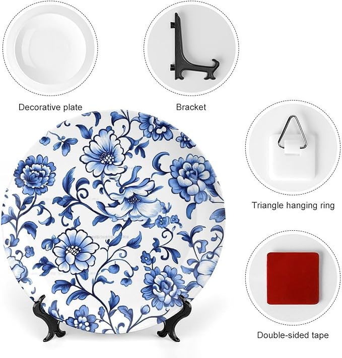 Blue Ceramic Decorative Plate, Pattern Decorative Dish with Stand, Floral Design Bone China Decorative Plates Art Porcelain Plate for Living Room Hallway Table Decor