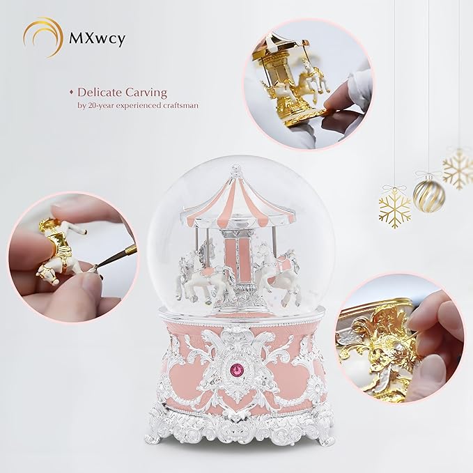 Carousel Music Box Silver Pink Christmas Snow Globes, 7.1" Glass Rotate Carousel Snow Globe for Kids & Adults, Classic Wind up Musical Snow Globe Valentines Day Gifts, Carousel Horse Home Decor