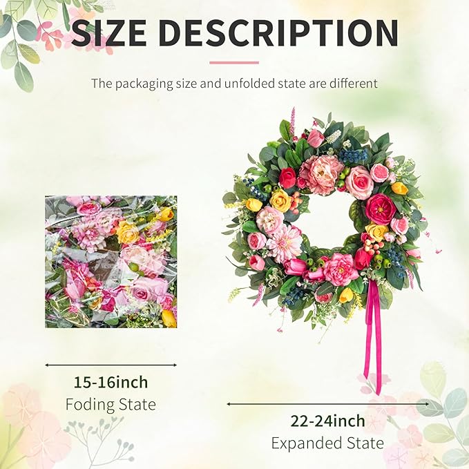 24 Inch Summer Wreaths for Front Door, Handcrafted Summer Wreath with Luxury Dahlias, Peony, Tulips & Roses, Summer Door Wreath for Holiday Farmhouse Indoor Outdoor Wall Home Decor