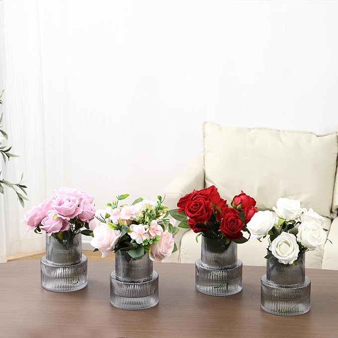Ribbed Glass Vases, Set of 4 Small Vases for Flowers, Black Glass Vase for Tulips, Modern Vase for Living Room, Kitchen, Office, Entryway, Bookshelf, Wedding Gifts, Birthday, 6 Inches