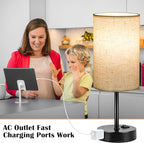 ZJOJO Table Lamp for Bedroom Set of 2, Bedside Small Lamps with 3 Way Dimmable Rocker Switch and AC Outlet, Nightstand Desk Lamp with Flaxen Fabric Shade Black Base for Living Room Home Decor Lights