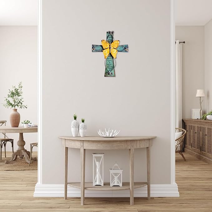 MelinSam Wooden Wall Cross Christians Cross with Antiqued Metal Butterfly and Inspirational Prayer Inscribed Blessed for Church Home Room Decoration Gifts
