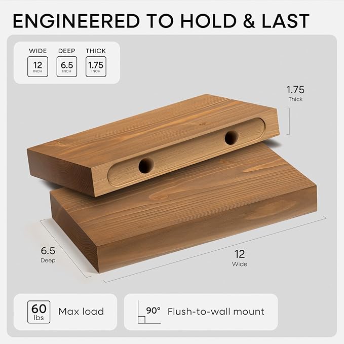Homeforia 12 inch Golden Oak Floating Shelf, High End Solid Real Wood 12inch Small Floating Shelves for Wall Mounted, Oak Wooden 12in Floating Shelves, Heavy Duty Bracket, 12 X 6.5 X 1.75 in, Set of 3