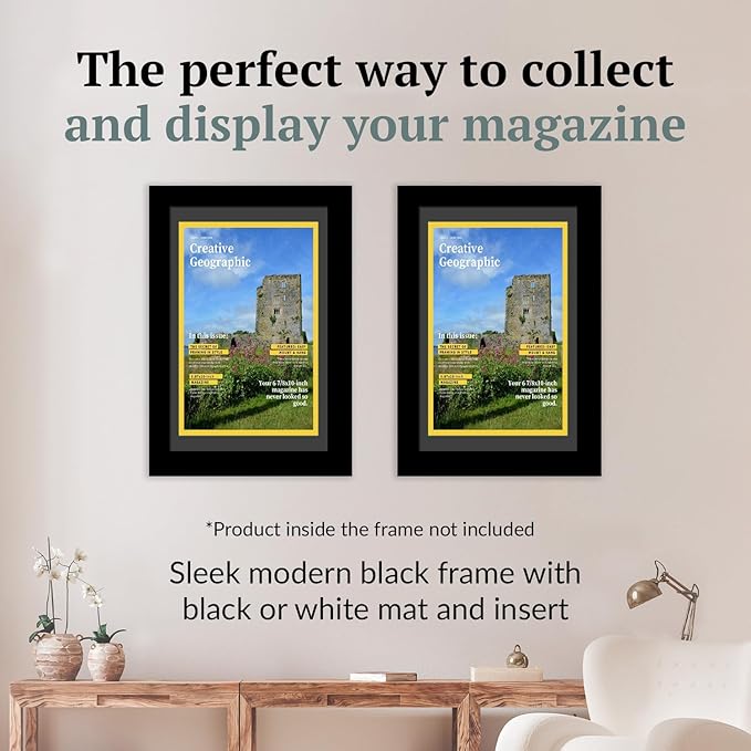 Creative Picture Frames 6.87 x 10 Magazine Frame with Full-Strength Glass, Holds Up To A 1/4" Thick Media with Installed Wall Hangers for Easy Mounting, 8x10 Manhattan Black Frame with Black Mat