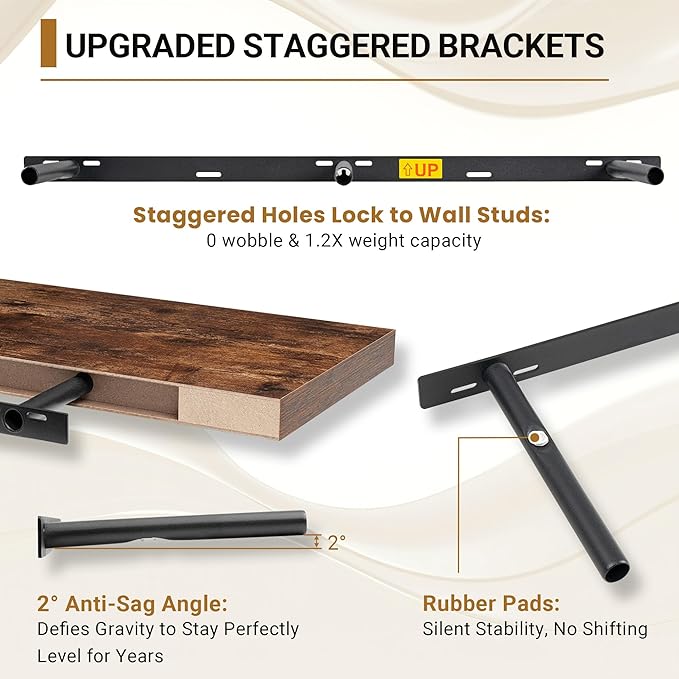 Vivelove 12" Deep Floating Shelves for Wall 55" Long, Wall Shelves for Living Room Bedroom Bathroom Kitchen Laundry Room, Farmhouse Rustic Shelves for Home Decor, 55" X 12" X 2" Set Of 2, Rustic Brown