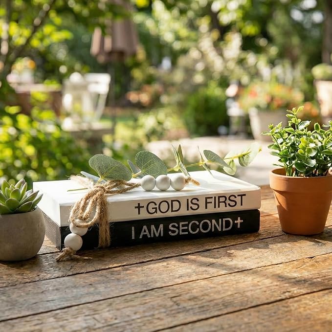 2 Pieces Wooden Decorative White Books, Rustic Farmhouse Faux Books for Coffee Table Shelves with Wood Bead Tassels and Leaves, 7'x 4.6'x 2.5' (God is First, I'm Second)